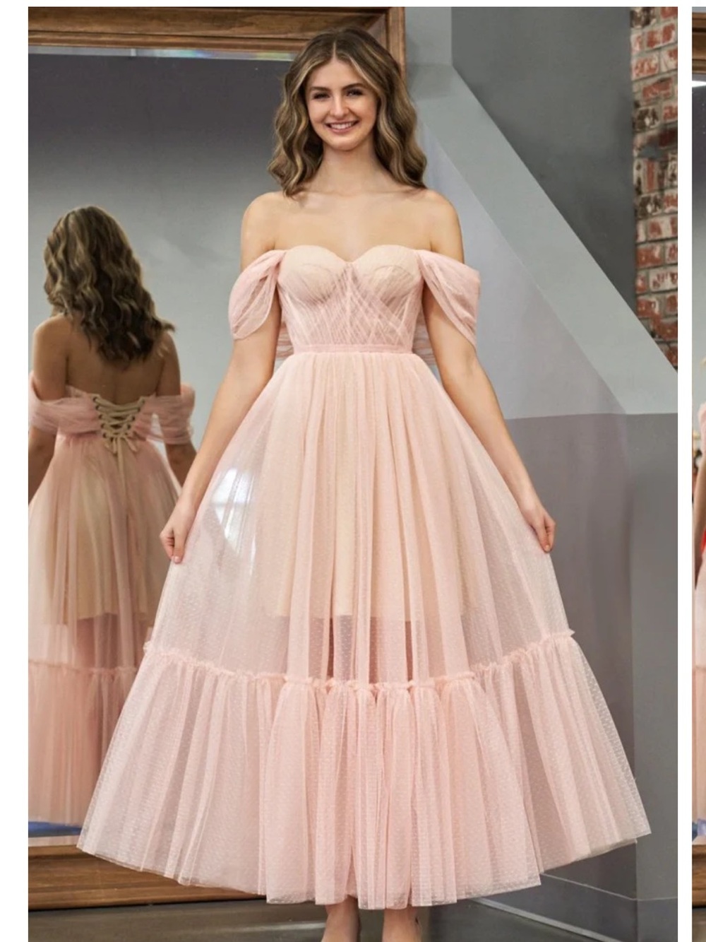 KISSPROM - Off-Shoulder Tulle Midi Dress with Sweetheart Bodice - Size 16